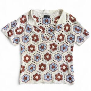 Mink Pink Brown Blue and  Cream Crochet Top Size Medium